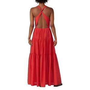 Bird & Knoll Dress Emmaline Silk Cotton Blend Cross Back Tiered Maxi Candy Apple